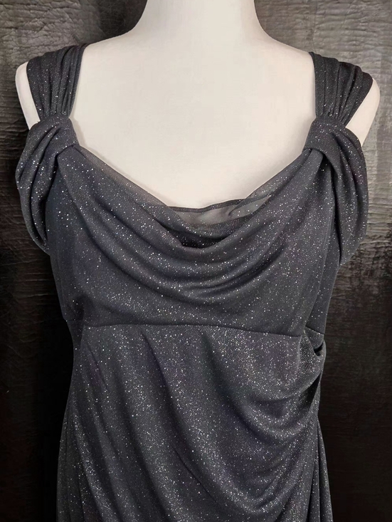 Alex Evenings 12P Cold-Shoulder Glitter Mesh Gown Smoke Gray Petite
